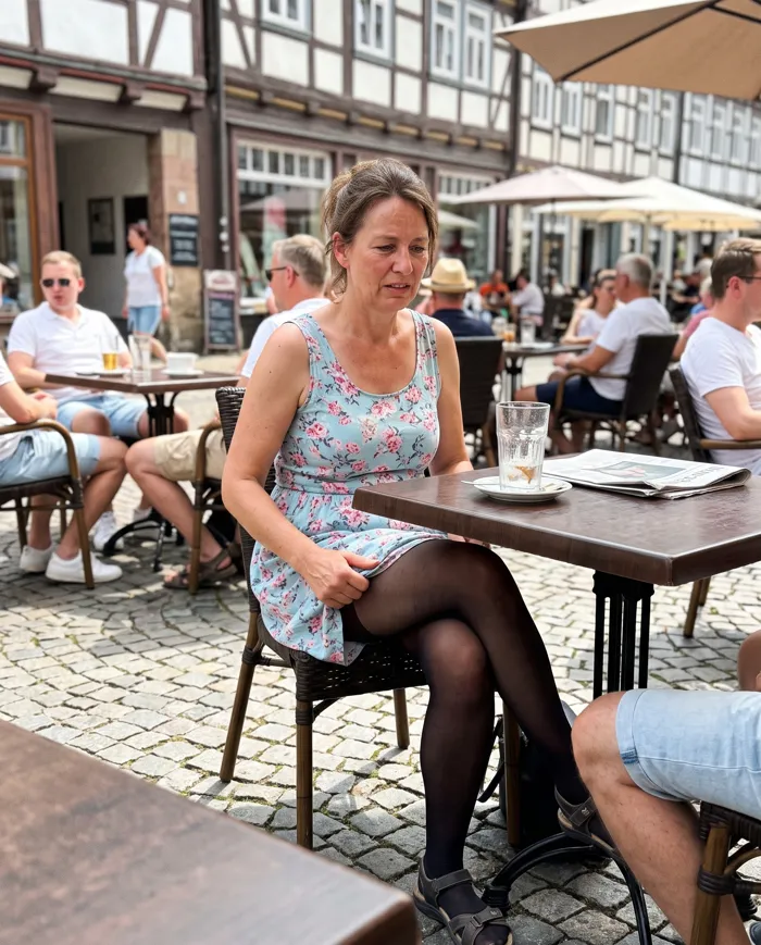 Frau im Sommerkleid mit dunkler Strumpfhose im Straßencafé