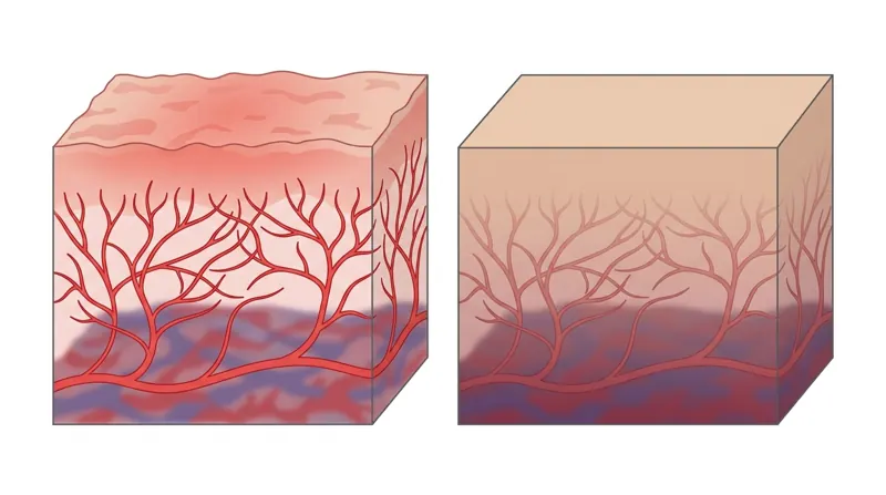 Illustration: gerötete Haut links, ruhigere Haut rechts