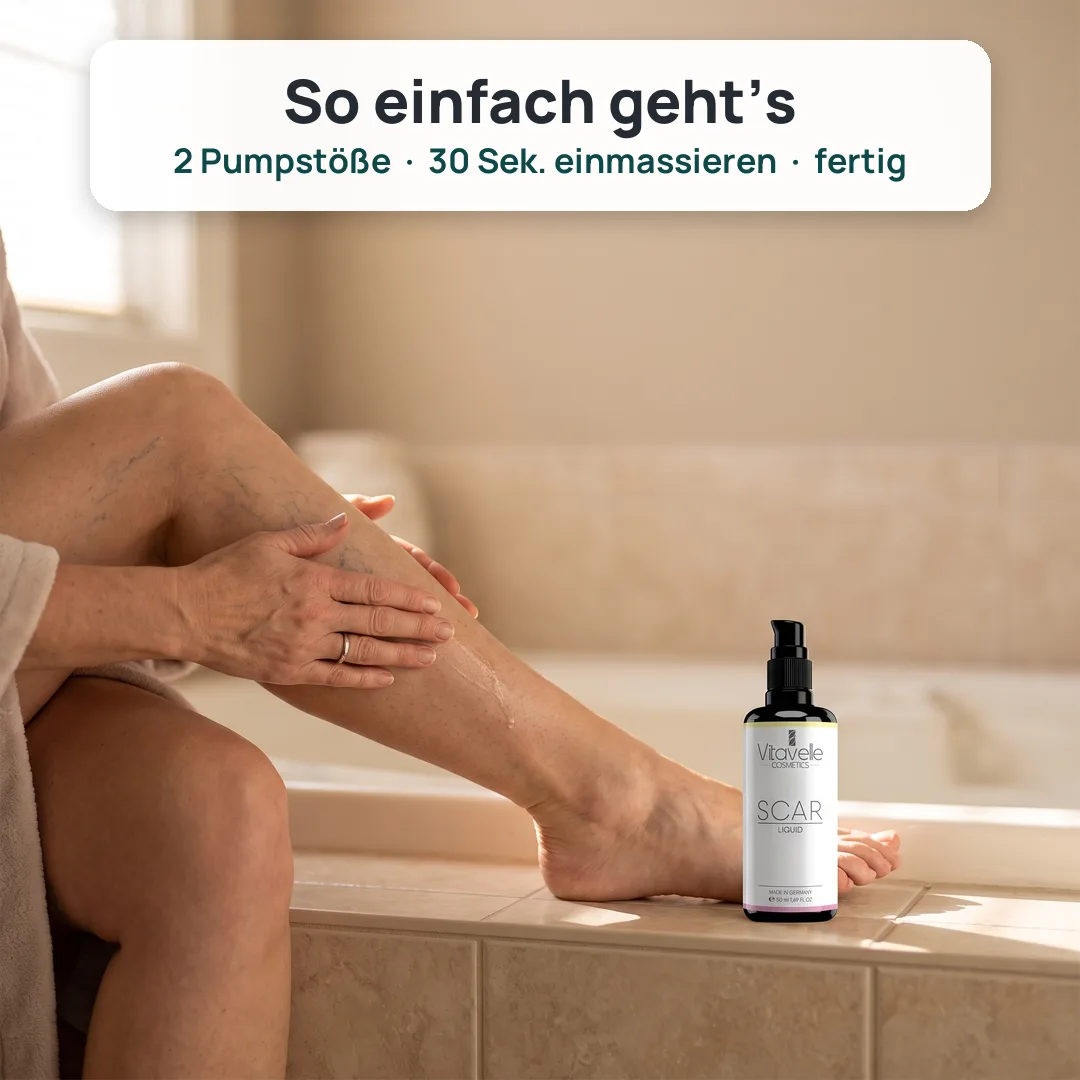 Frau massiert Scar Liquid in die Wade ein