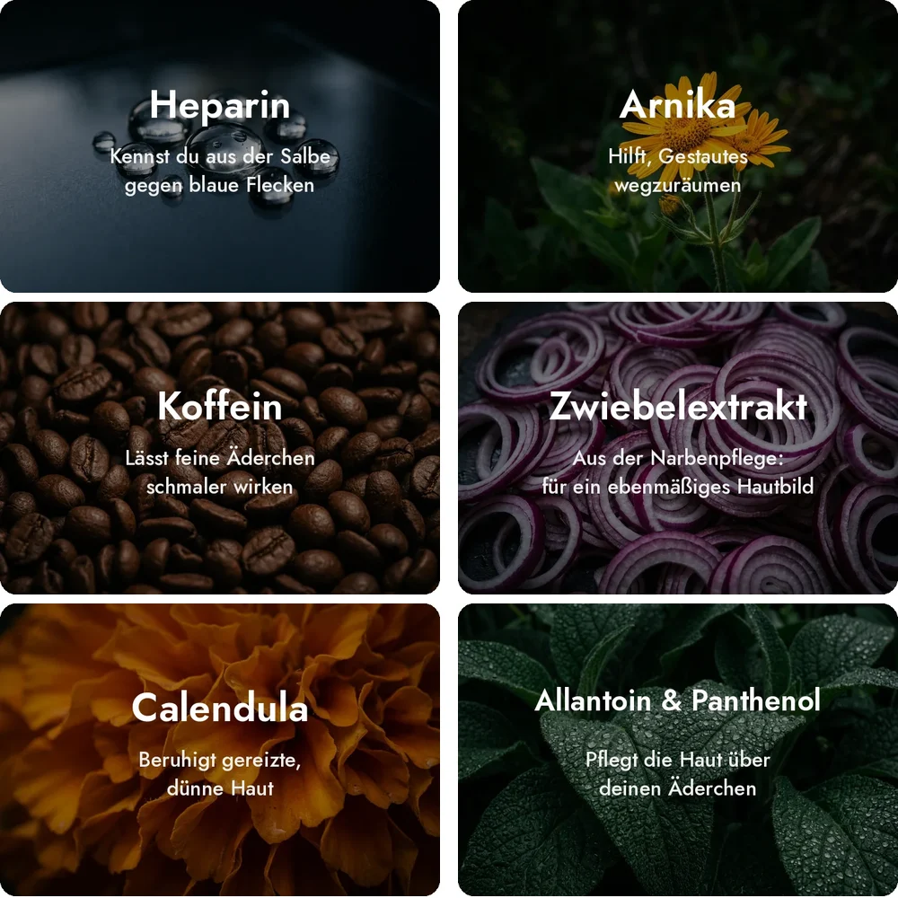 Wirkstoffe in Scar Liquid: Heparin, Arnika, Koffein, Zwiebelextrakt, Calendula, Allantoin und Panthenol